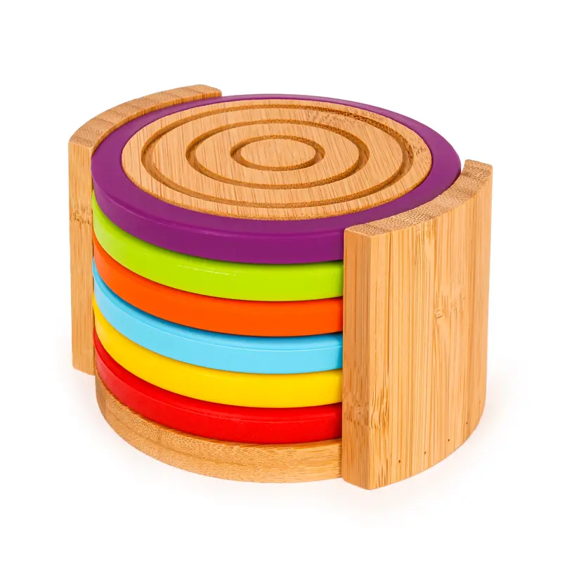 Berghoff Bamboo Coaster Set – 7-Piece With Non-Slip Silicone Edges & Vibrant Hues 1