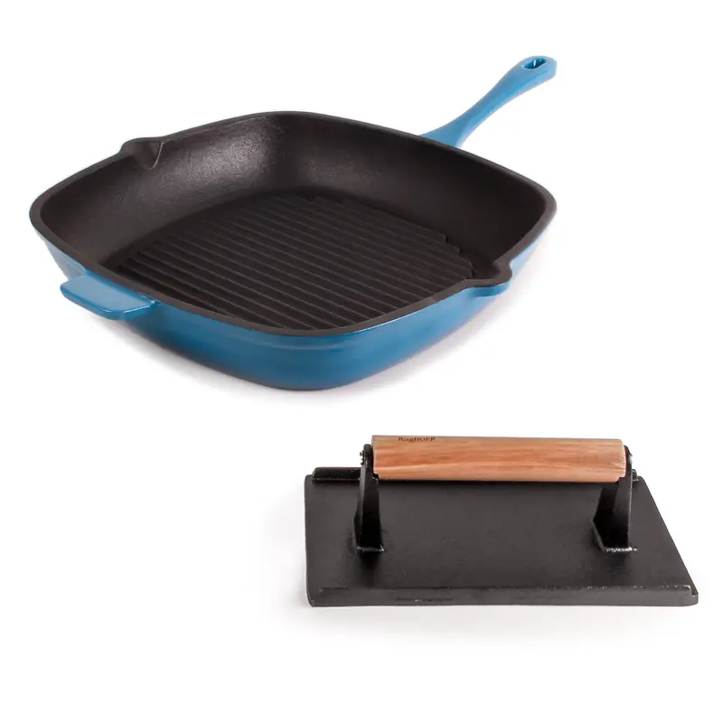 Berghoff Neo Blue 2-Piece Cast Iron 11-Inch Grill Pan With Adjustable Steak Press 1