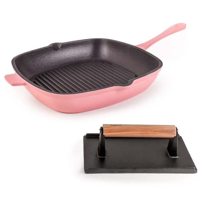 Berghoff Neo Cast Iron Grill Pan – 11-Inch Dual-Pack With Steak Press (Pink) 1