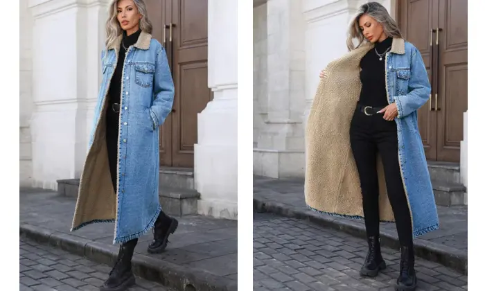Long Denim Jacket With Sherpa Lining – Women'S Casual Layering Piece 1
